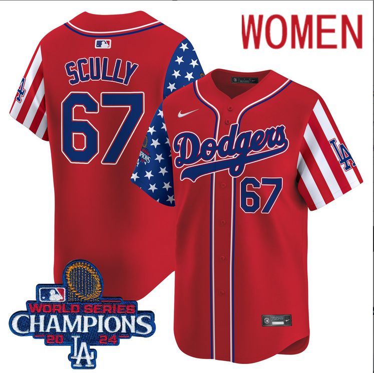 Women MLB Los Angeles Dodgers #67 Scully American Style red 2024 World Series Champions  Limited Jersey